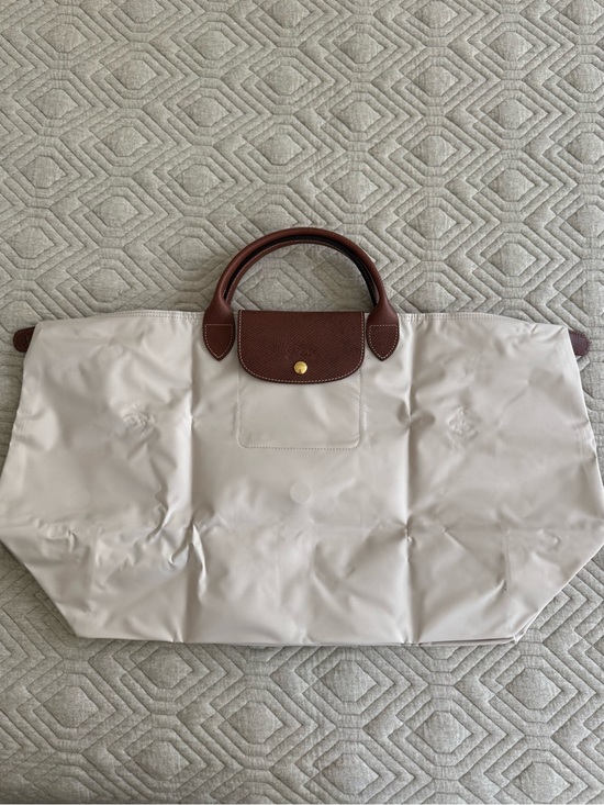 Longchamp Handbags - Longchamp Le Pliage Large Top Handle Cream Tote with Brown Leather Trim